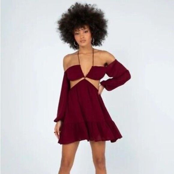 Princess Polly Natasha Maroon Burgundy Halter Cutout Balloon Sleeve Mini Dress - Picture 13 of 13